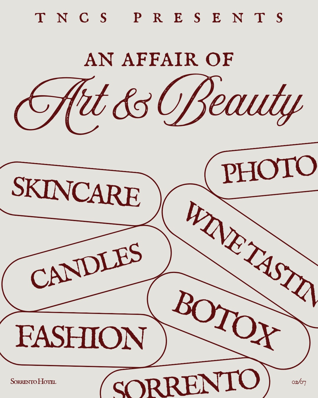 TNCS Presents graphic listing skincare, candles, fashion, photo, wine tasting and Botox