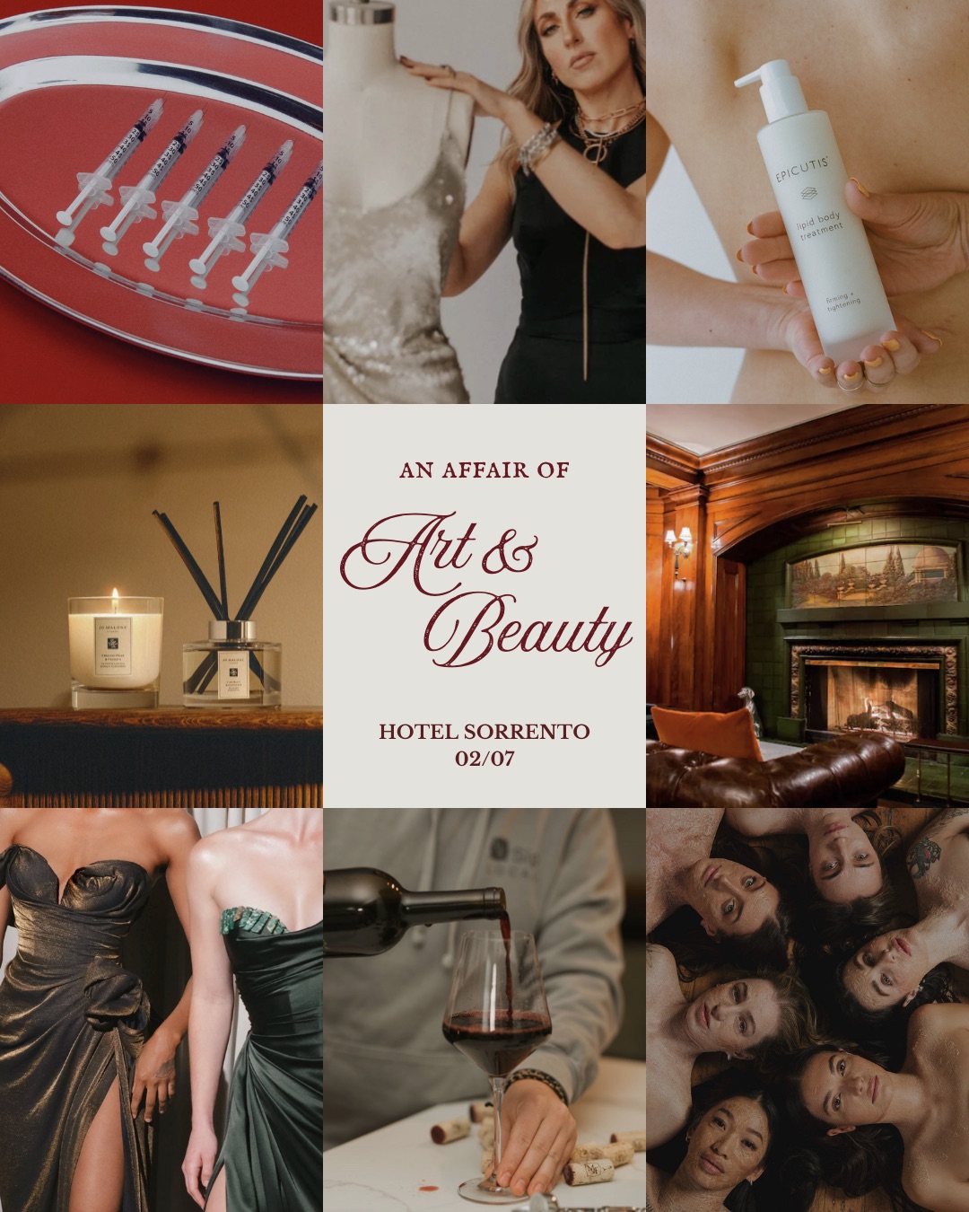Mood board collage with fashion, fragrance, wine and the Hotel Sorrento interior