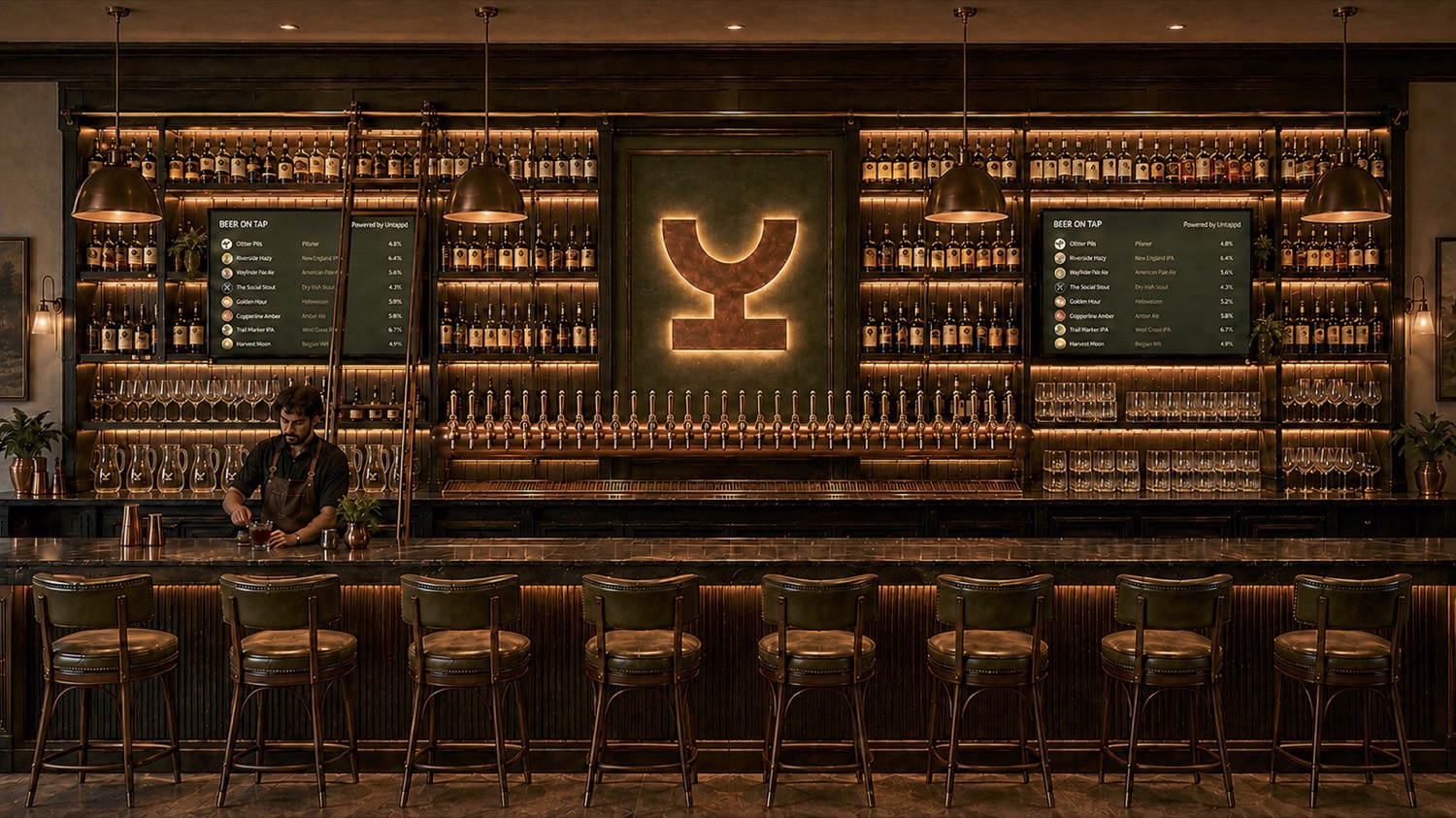 The Clifton’s monogram glowing on a dark green wall behind a bar