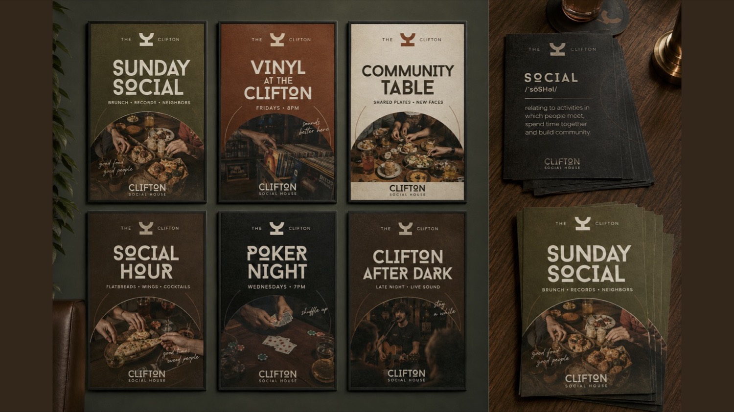 Event posters for Sunday Social, Vinyl at the Clifton and Poker Night