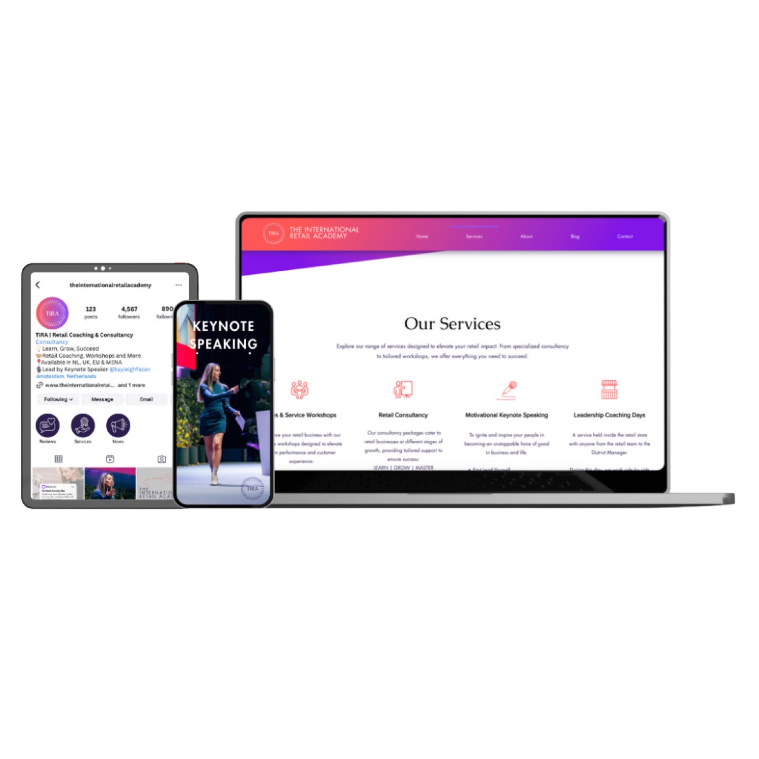 The International Retail Academy’s new website shown on laptop, tablet and phone